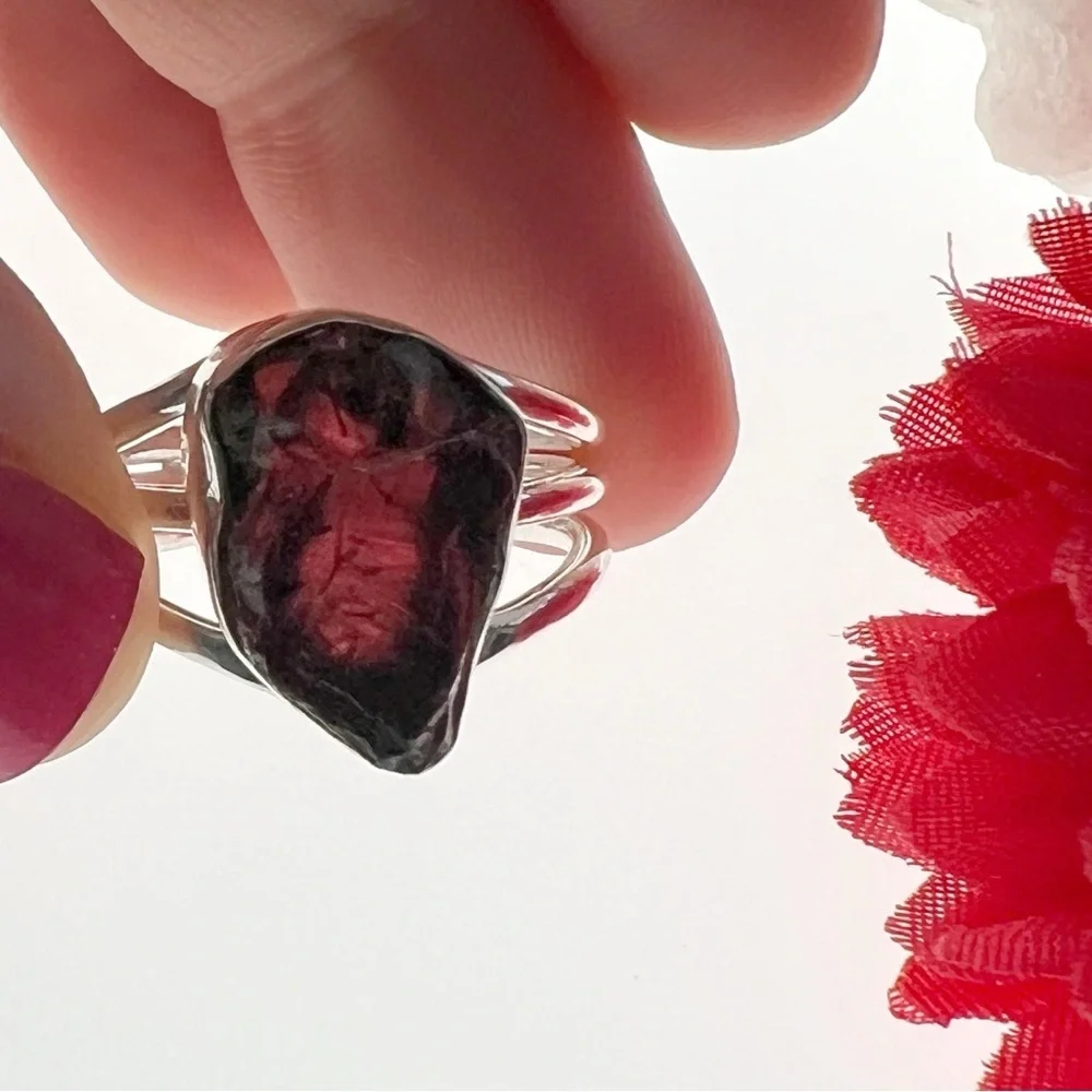 Rough Garnet Ring Size 7 Solid Sterling Silver 925 Chunky Handmade - Picture 4 of 11